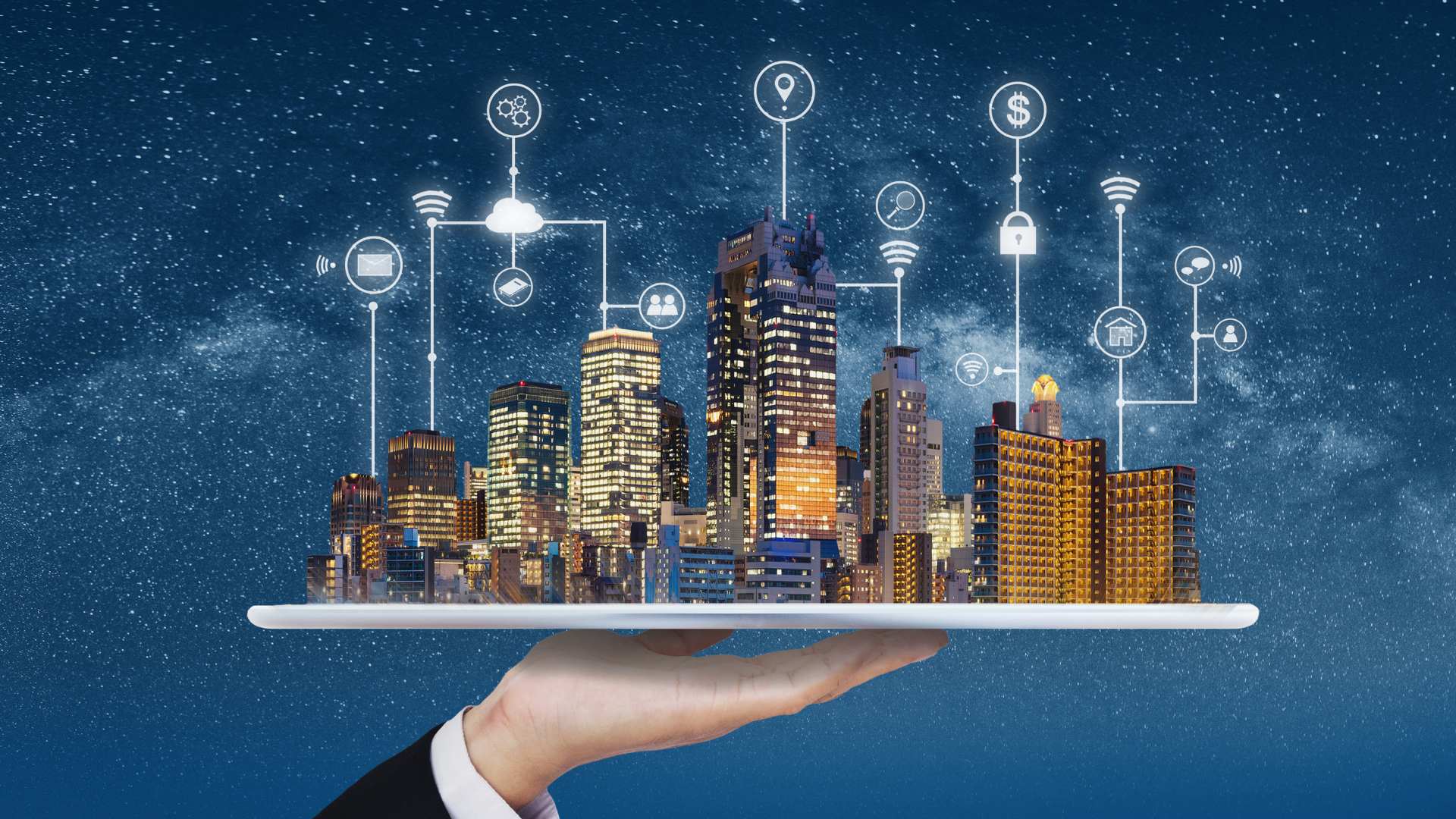 יד מחזיקה בניינים גבוהים